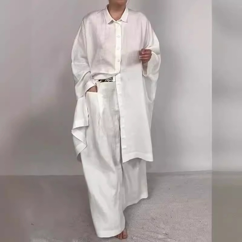2024 independent station autumn new_casual loose solid color shirt suit wide leg pants two-piece set