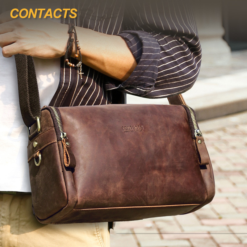 Black Angel Vintage Crazy Horse Cowhide Fashion Men's Crossbody Bag Multi Zipper Bag Casual Men's Shoulder Bag Spot Wholesale