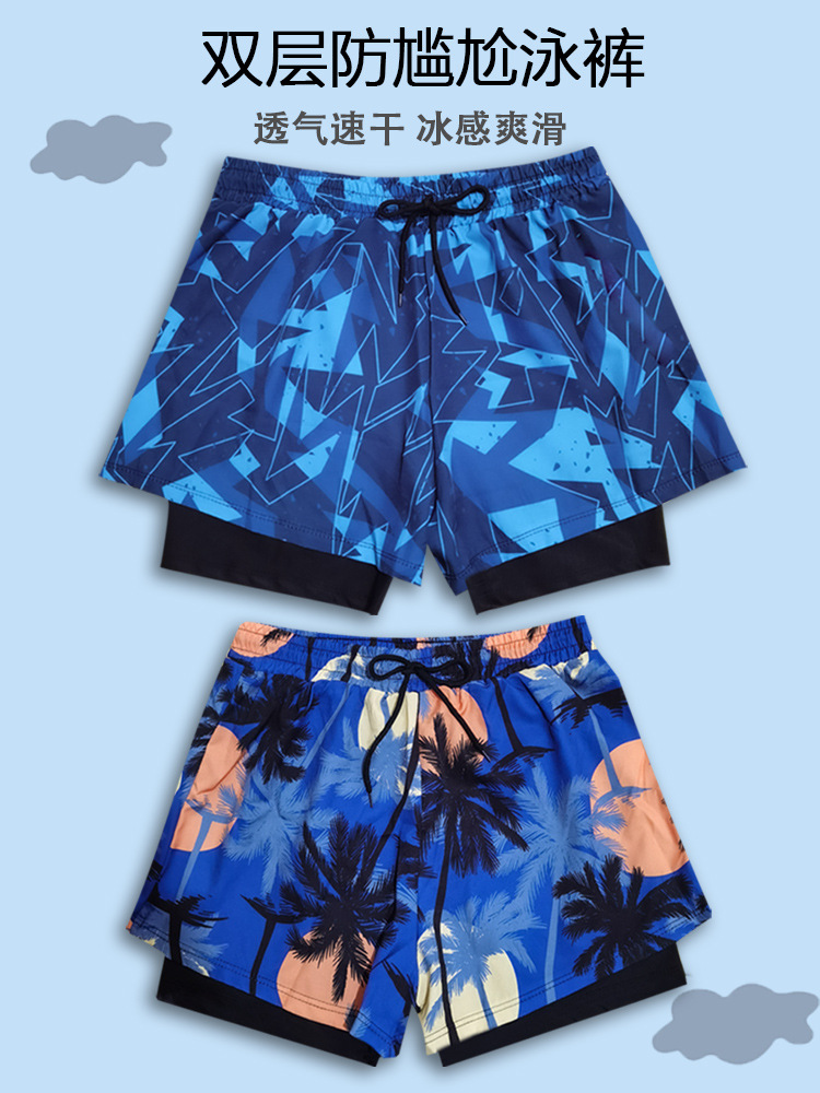 Men's Boxer Swimming Trunks, Quick-Drying, Comfortable, Anti-Embarrassing Swimsuit, Plus Size Sports Pants, Running Loose Fake Two-Piece