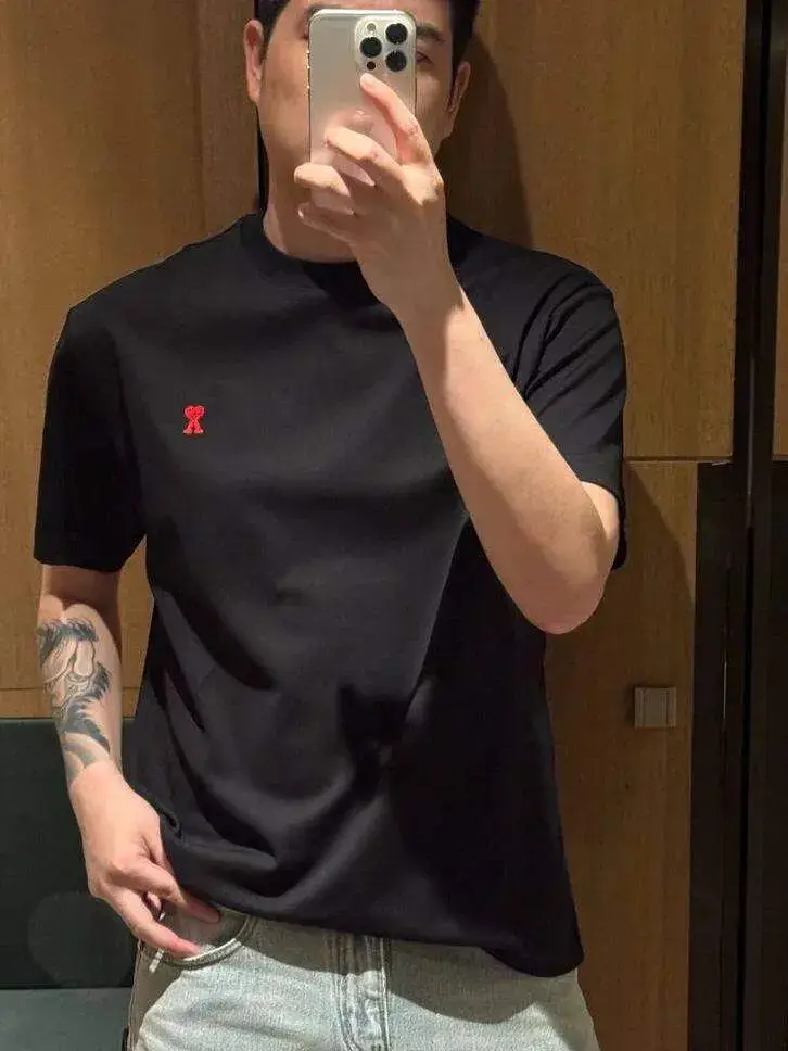 Trendy Brand High-End White Regular Shoulder Short-Sleeve T-Shirt for Men, Summer Wear, Heavy-Duty Small Heart Embroidery Design Half-Sleeve