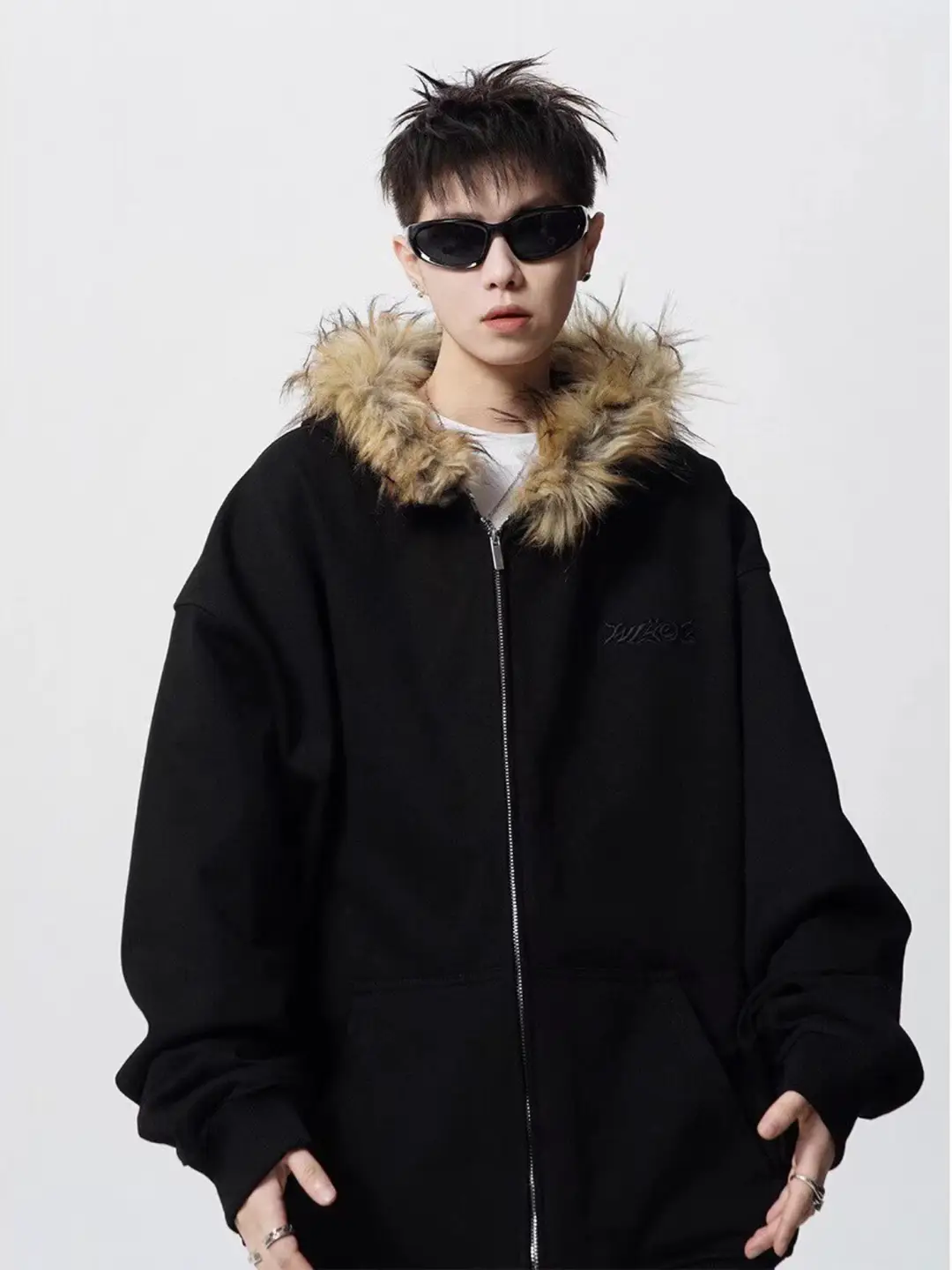 American retro hair collar couple hooded zipper cardigan sweater spring and fall men and women models country tide brand senior sense of coat