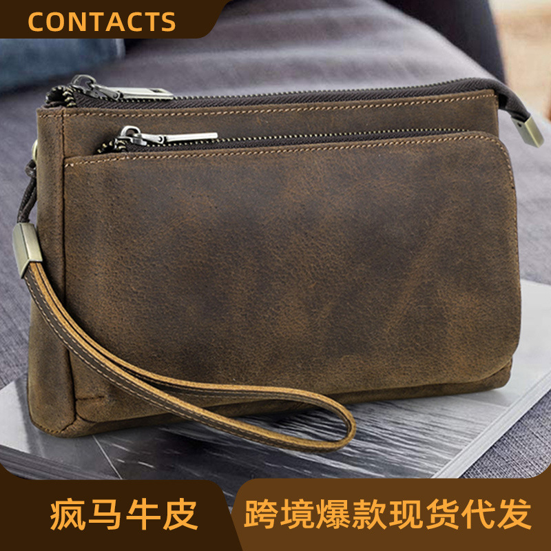 Black Angel Vintage Crazy Horse Cowhide Casual Men's Mobile Phone Headset Storage Bag Multi Zipper Bag Combeter Clutch Bag