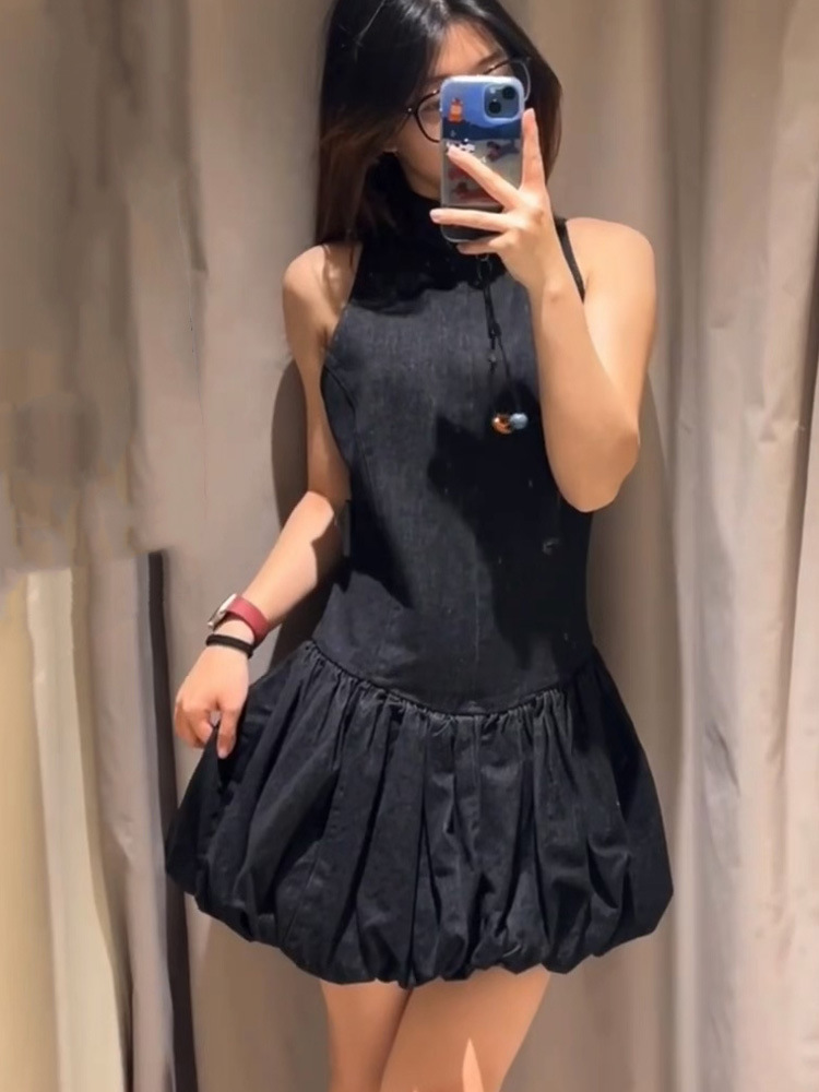 2025 summer new zipper stand collar flower bud skirt ballet balloon version short Denim high quality dress women