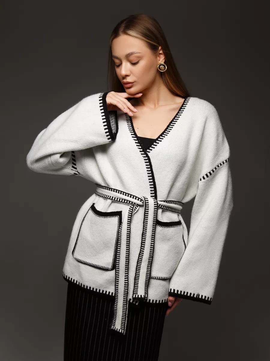 Amazon cross-border lace-up knitted cardigan 2025 spring Europe and the United States new loose contrast color long foreign trade sweater