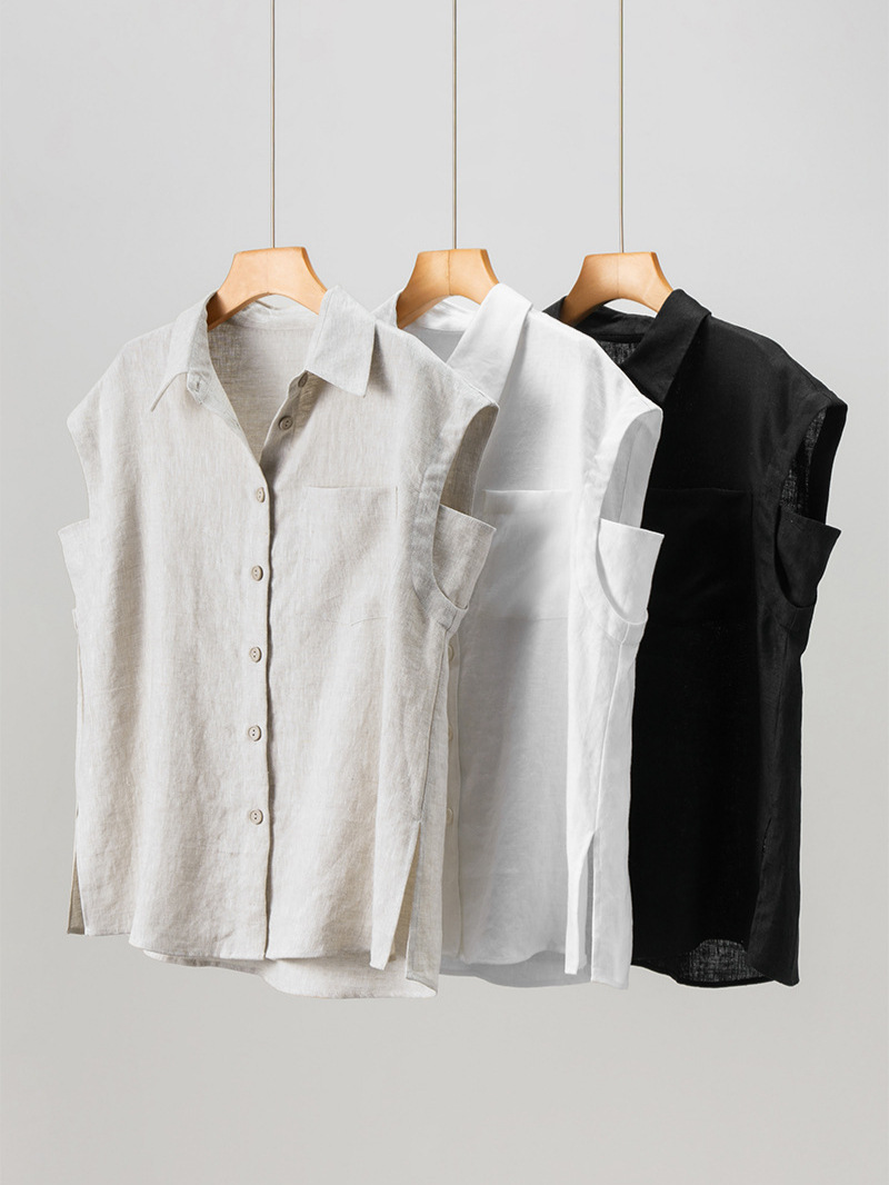 Summer Japanese-Style Simple Sleeveless Linen Shirt for Women, New Loose Lazy Style Shirt, Solid Color Commuter Square Neck Top