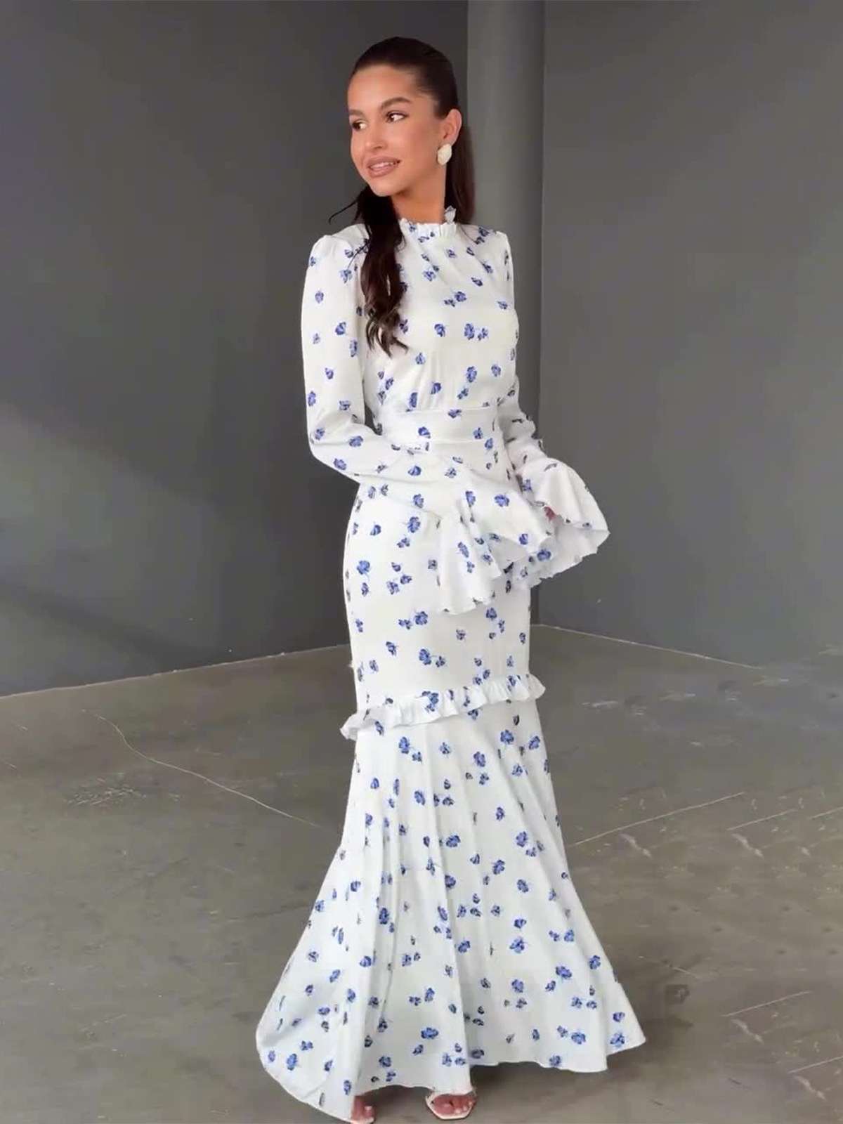 Amazon Europe and the United States cross-border 2025 spring gentle wind small fresh floral flake long slim dress