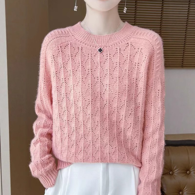 Spring and Autumn New Style Round Neck Hollow-Out Design Sweater for Women, Loose Casual Pullover, Lazy Style Base Knitwear