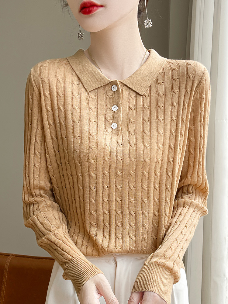 POLO collar pullover twist sweater women's 2024 autumn and winter new worsted wool base shirt Korean sweater top