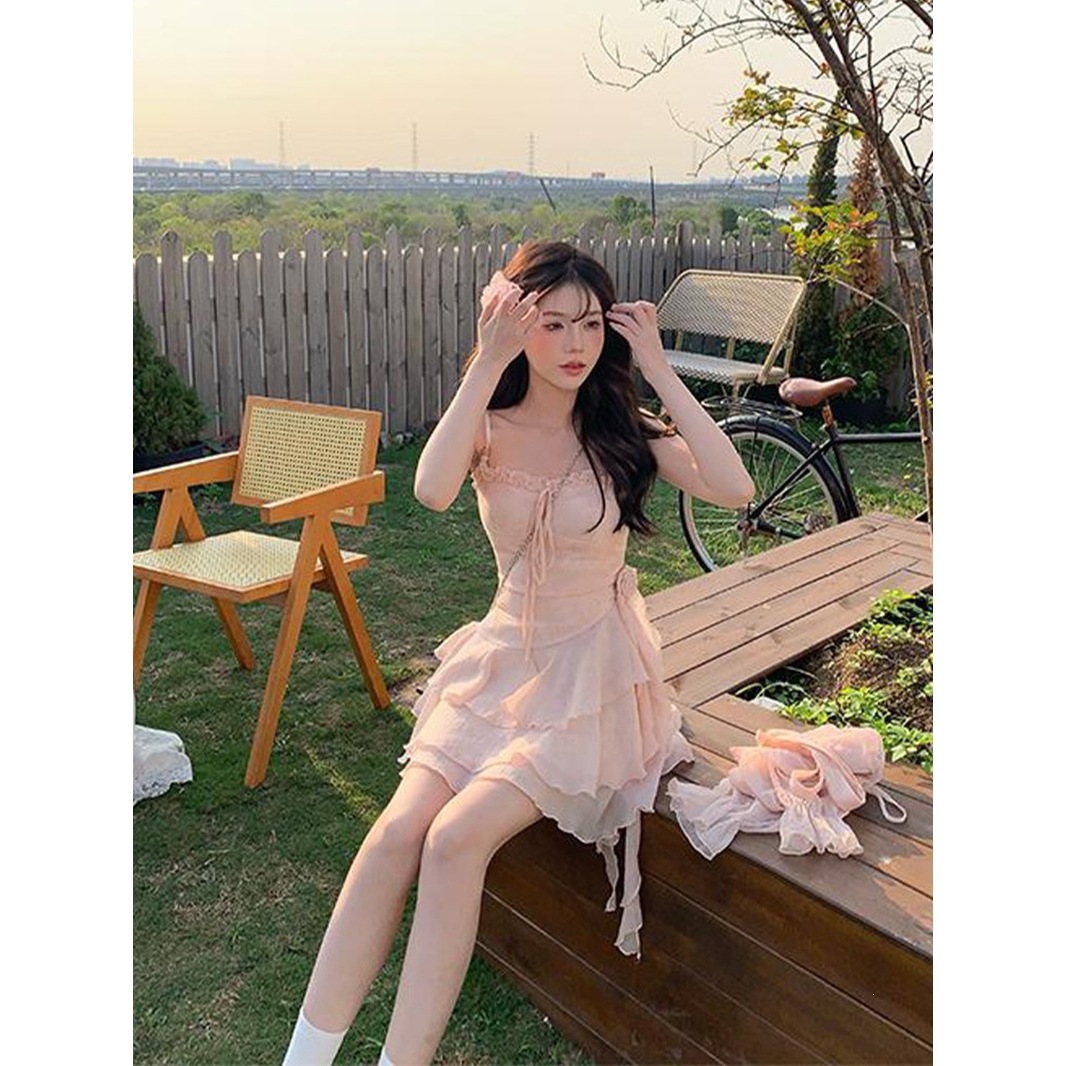 Slightly Plump, Gentle and Sweet Ruffled Strap Dress for Women, Summer Short Dress with Waist-Cinching Effect for Petite Figures, Cardigan Set