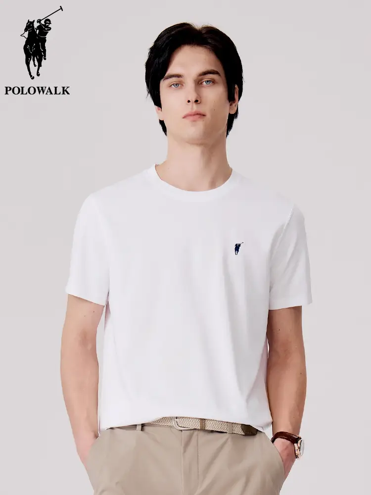 Polowalk Men pure color Embroidered Logo Round Neck Short-Sleeved T-Shirt 2024 Summer New arrival Paul Casual Cool Feeling Tops