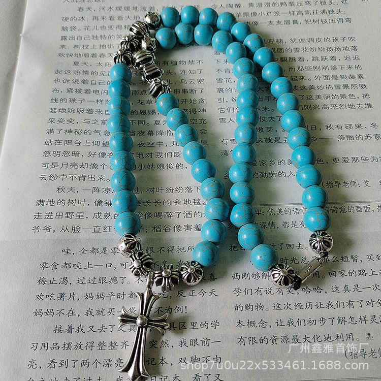 ch Croza's New Turquoise Cross Sweater Necklace Retro Fashion Trend Can Be Wearing as Bracelet for Men and Women