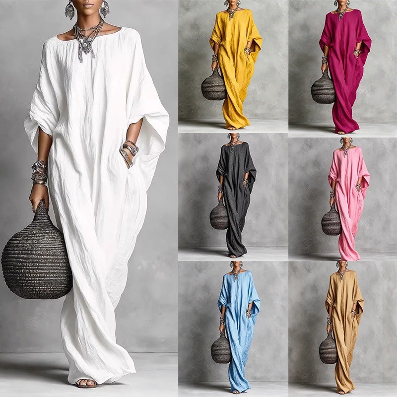 2026 Amazon Cross-Border Women's Clothing European and American Retro Solid Color Elegant Long-Sleeve Off-Shoulder Long Casual Dress