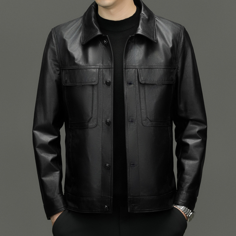 2024 Haining Leather Men's Genuine Leather Biker Lapel Leather Jacket Short Cowhide Autumn and Winter Thickened Warm Jacket