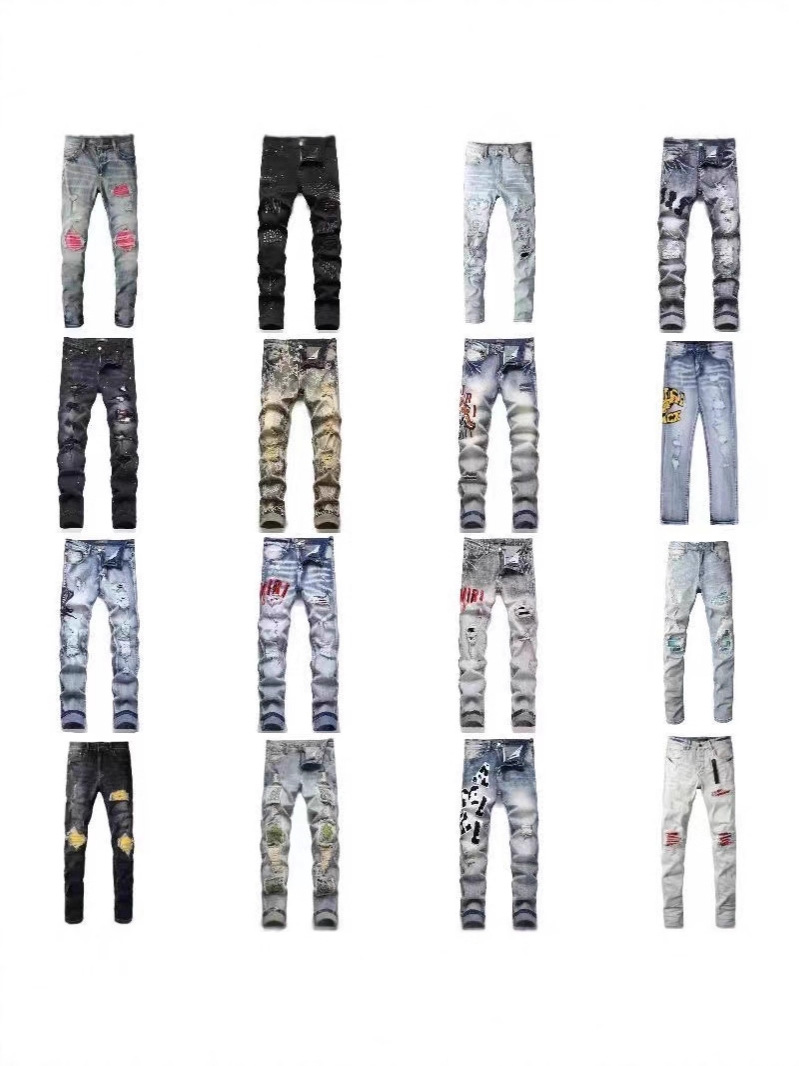 Am Stretchy Slim-Fit Skinny Jeans for Men and Women, Light Luxury Trendy Brand, Ripped Patchwork Letter Embroidery Long Pants, Cross-Border Foto QC de 1688 na Qualit.ly