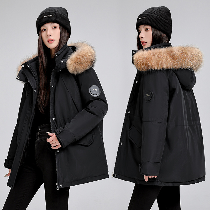 2024 New Korean-style Winter Wear True Fur Collar Parker Down Cotton-padded Jacket Cotton-padded jacket Women's Loose Slimming Thickened Bread Clothes
