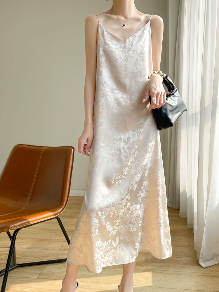National Style Elegant Suspender Dress for Women, Acetate Satin Jacquard Long A-Line Dress That Goes over the Knee