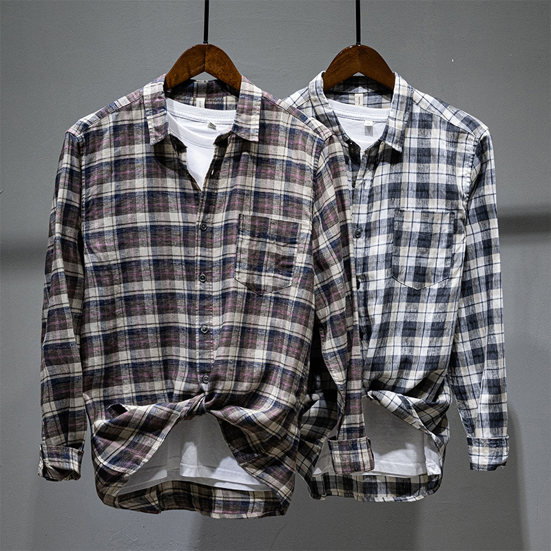 L521 Daily Casual Joker Shirt Cotton Youth Loose Lapel Long Sleeve Plaid Shirt Men's Hair