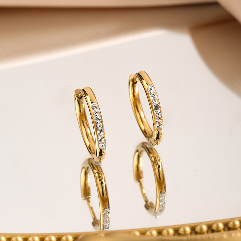 European and American Light Luxury Titanium Steel Ear Ring Earrings Women's Fashion Simple Popular Stainless Steel White Mud Diamond Ear Buckle Earrings Wholesale