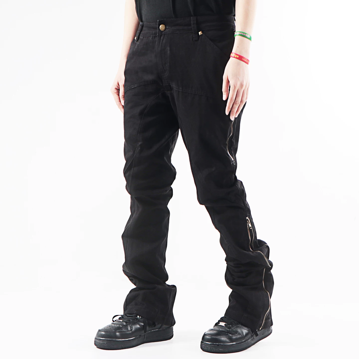 Street hip hop vintage zipper splicing, heavy-duty elastic retro splicing, American rock horn denim pants