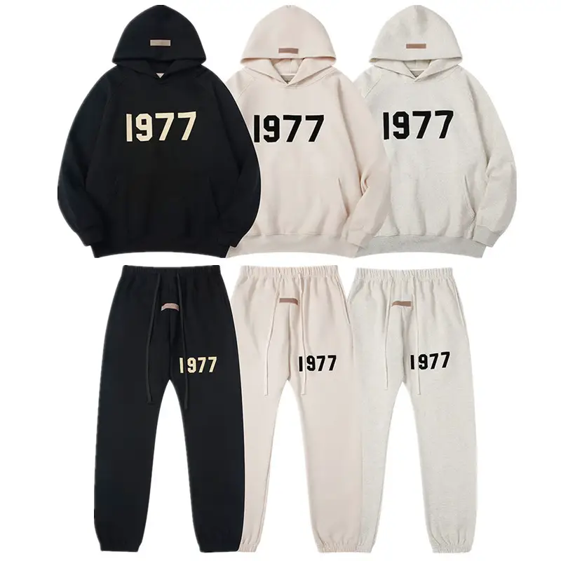 Fog Essentials Stereo Flocking 1977 Men's and Women's American High Street Hoodie Sweatshirt Pants Casual Suit