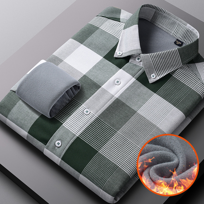 Autumn and Winter young men's fleece-lined thickened cotton Oxford thermal shirt fashion casual plaid single-wear top