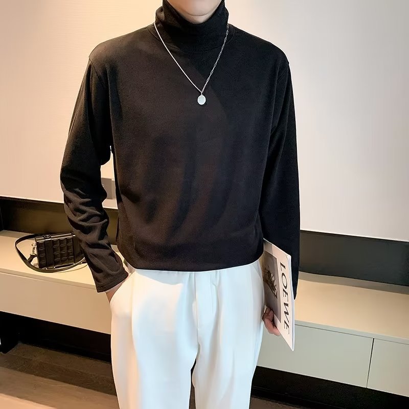 Autumn and Winter High Collar fleece-lined Thickened Men's Long-sleeved T-shirt Autumn Warm Inner Sweater Top Base Shirt Underwear