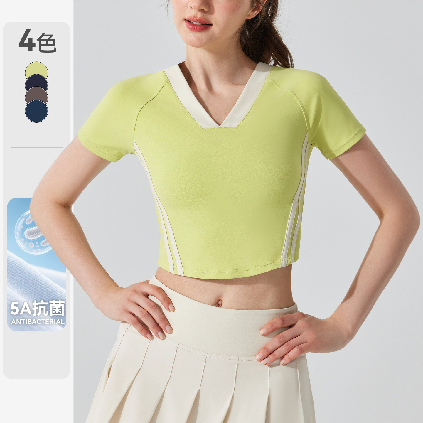 Cross-Border Yoga T-Shirt, Sports Fitness Short-Sleeve Retro Style, Naked-Feel Antibacterial V-Neck Sexy Crop Top, Golf Tennis Wear