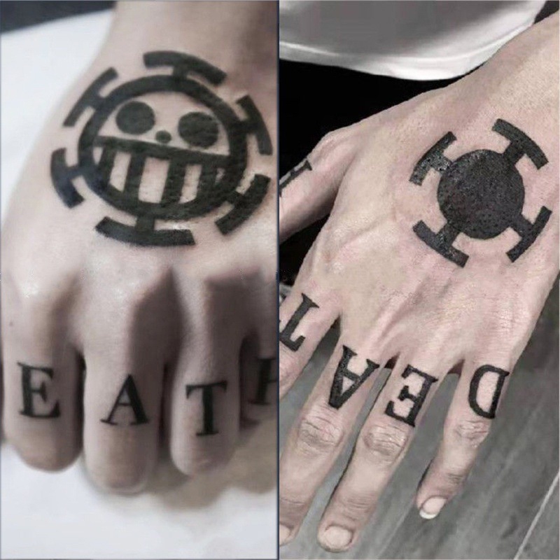 One Piece Tattoo Sticker Straw Hat Luffy Tattoo cos Trafalgar Ro King Back of Hand English Symbol Tattoo Foto QC de 1688 na Qualit.ly
