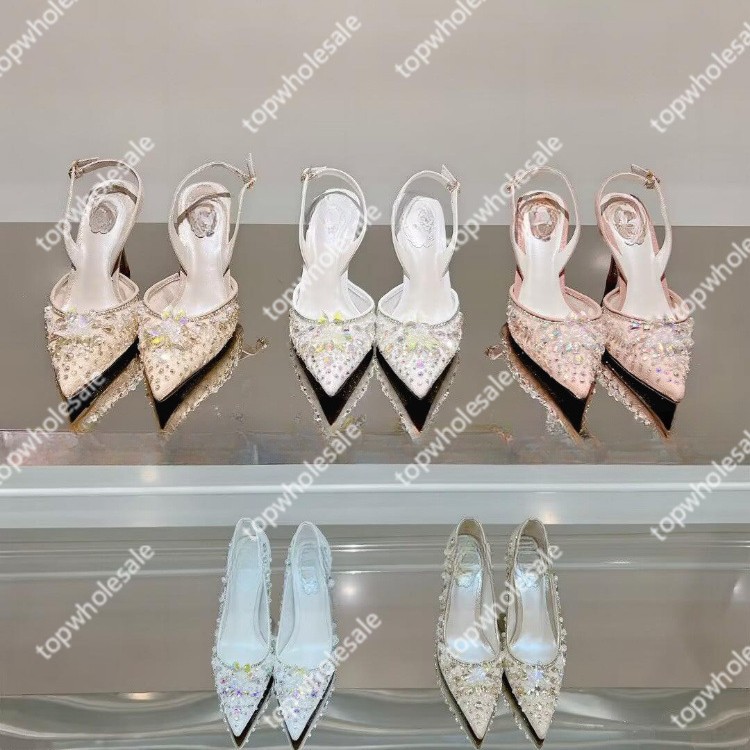 In Stock 2024 Model Mesh Lace Hand-Sewn Swarovski Crystal Rhinestone Pointed Buckle High-Heeled Sandals Shoes
