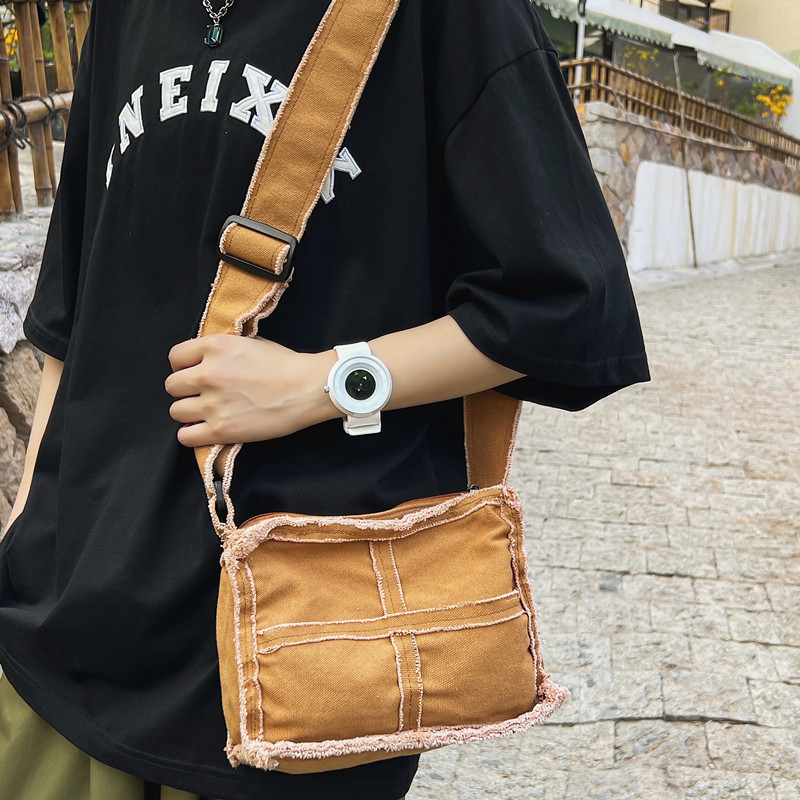 2026 New Japanese-Style Ins Lazy Style Canvas Small Bag for Women, Vintage Distressed Fringed Student Shoulder Crossbody Bag