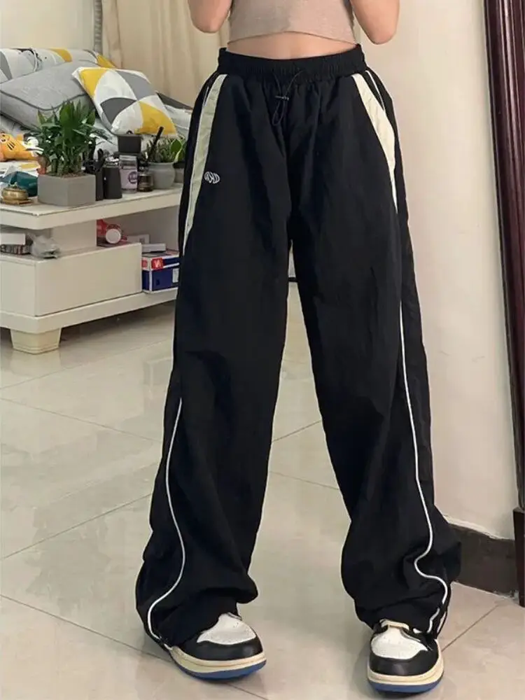 Casual Ankle Pants Hip-Hop Elasticated Waist Stitching Sports Pants Harajuku Retro Street High Waist Loose Straight Leg Wide Leg Pants