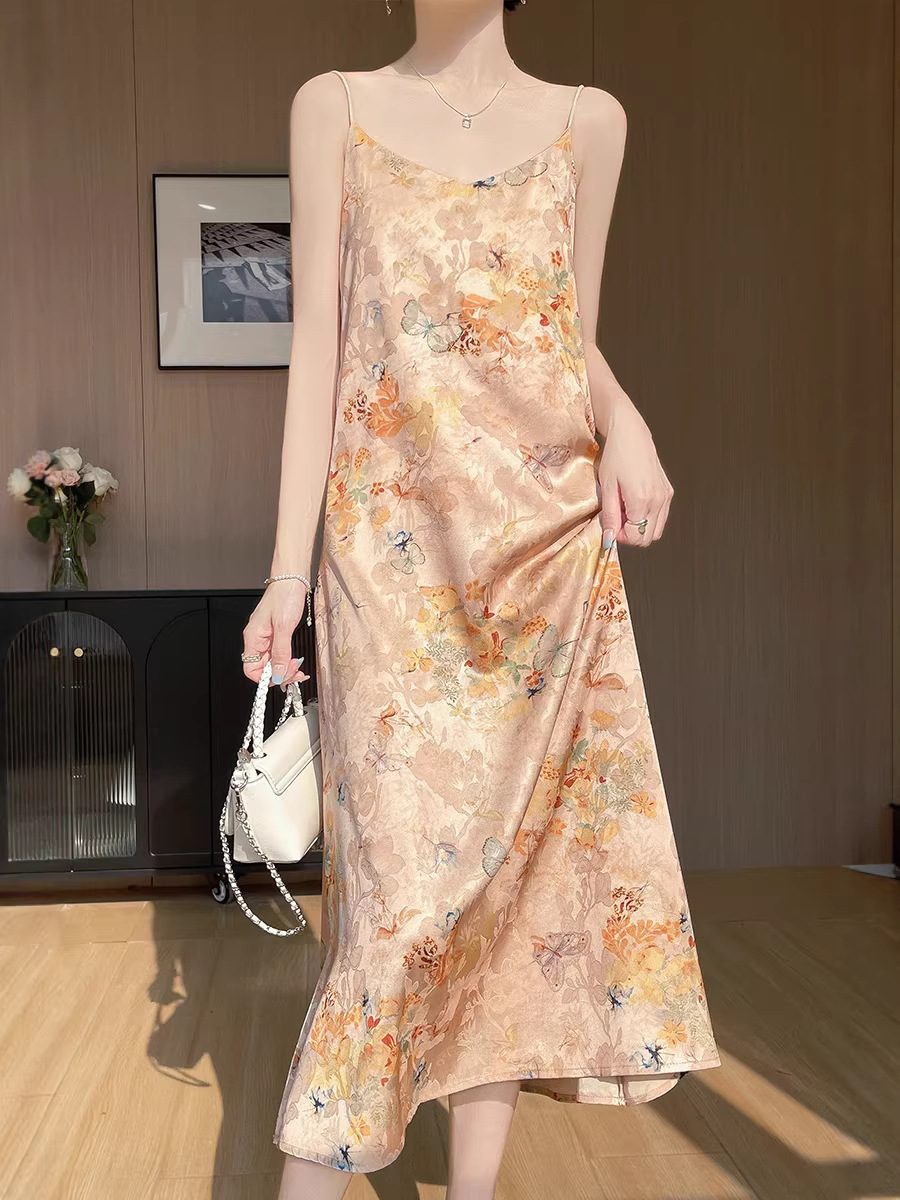 New Satin Printed Spaghetti Strap Dress, Summer V-Neck Loose Drapey Vintage Over-The-Knee High-End Elegant Long Dress