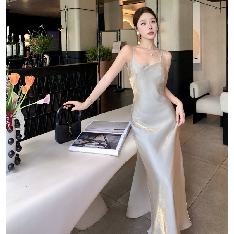 French Style High-end Sling dress Women's Summer Draped Banquet Evening Dress Acetate Satin Slim-fit Fishtail Dress