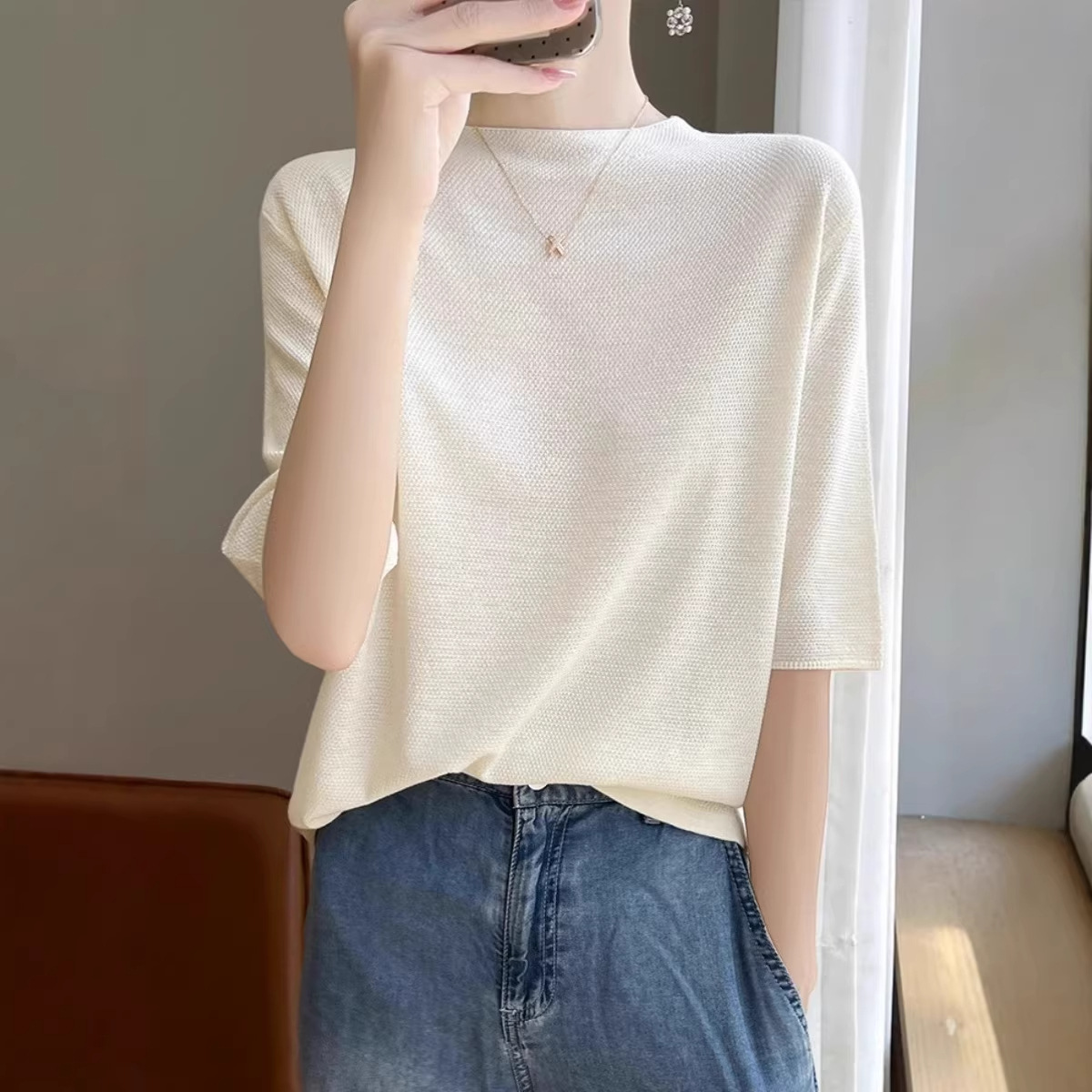 Half-High Collar Fashionable Tencel Knit Women's Short-Sleeve Summer Thin Jacquard Solid Color T-Shirt Loose Base Top