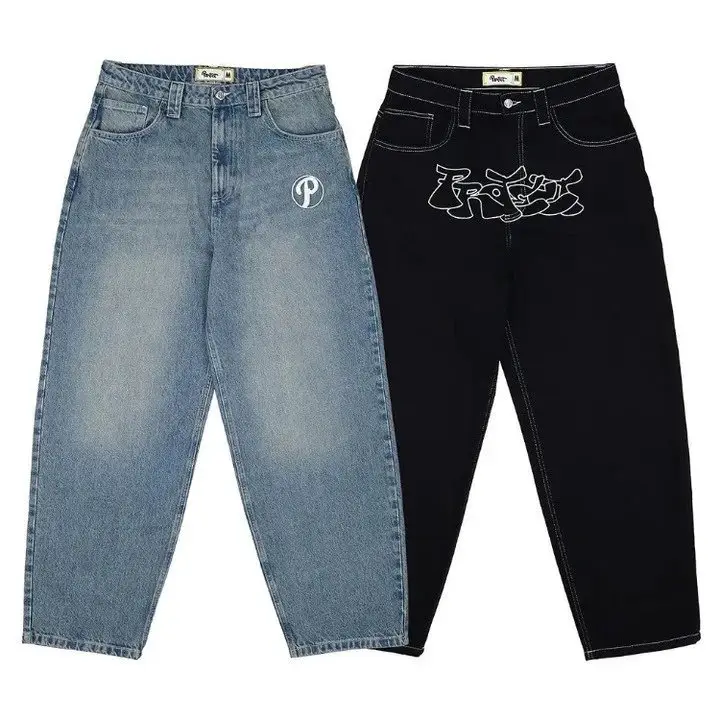 American Street Baggy Casual Jeans Men's Retro Hip Hop Embroidered Trendy Fashion High Waist Jeans