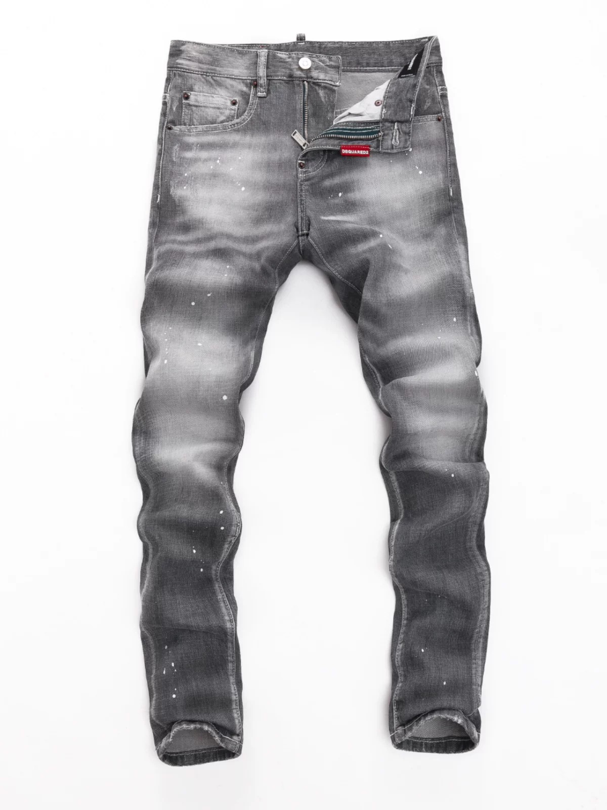 D2 Jeans American Trendy Brand New Style Smoky Gray Washed Faded Paint Splatter Graffiti Stretch Slim-Fit Jeans