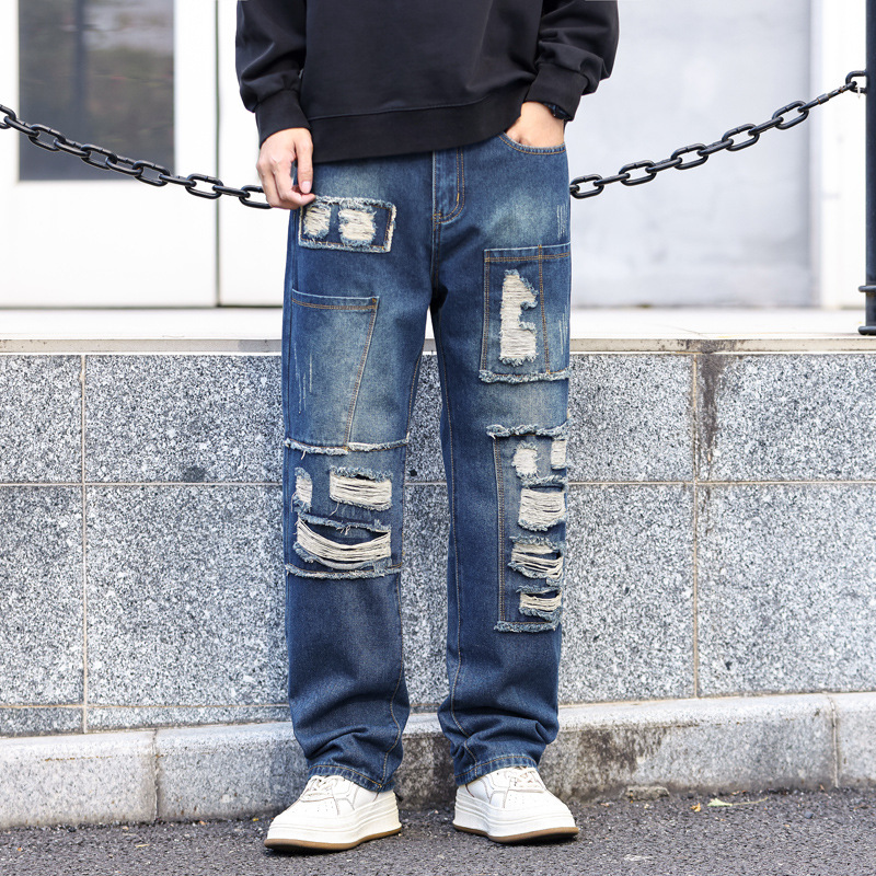 New In-Stock Retro European and American Style Trendy Street Heavy-Duty Ripped and Distressed Patchwork Fashion Casual Denim Pants for Young Men