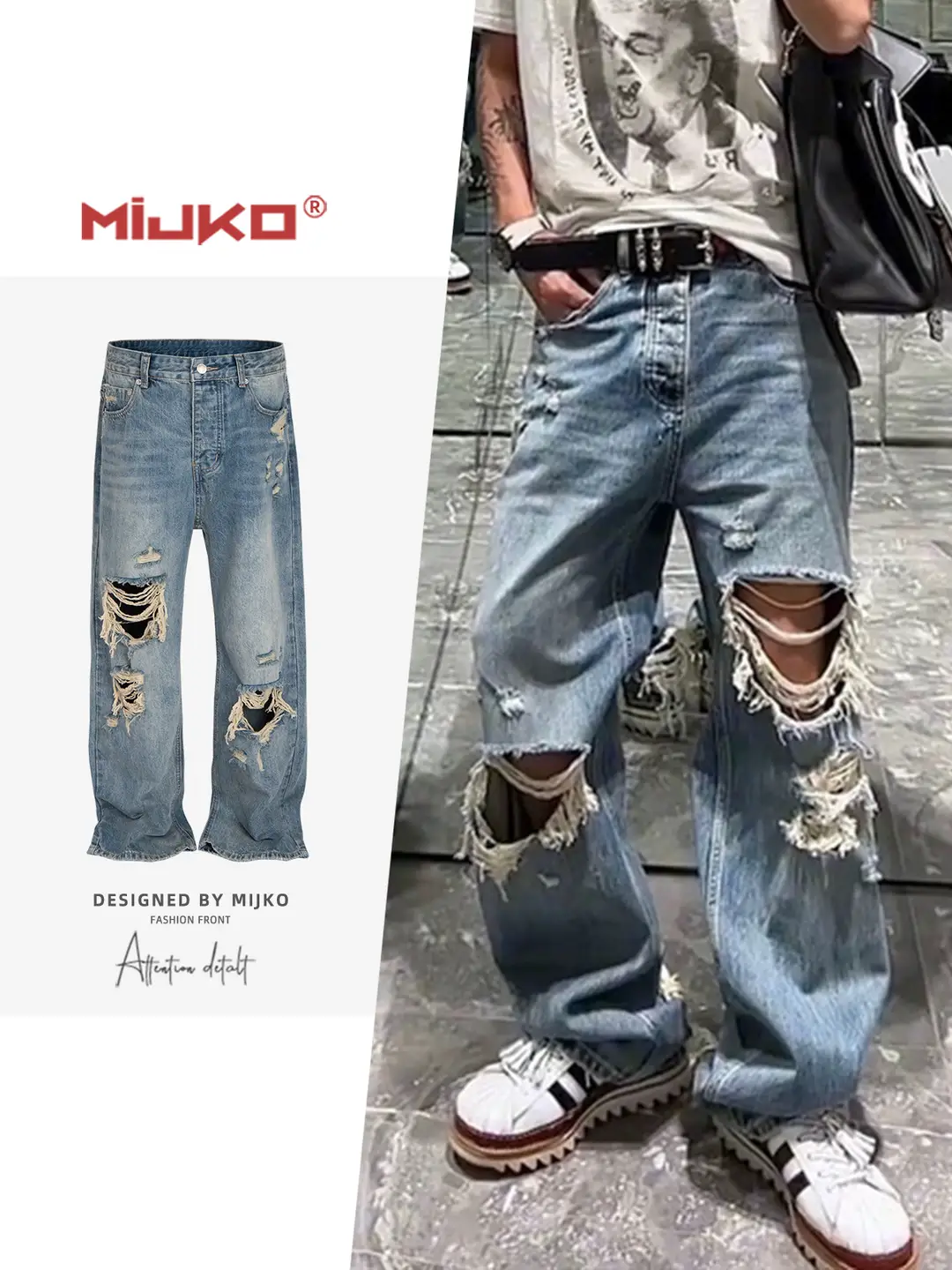 MIJKO Men's Wear Women's Ripped Burr Edge Straight Jeans Men's and Women's Blue Straight Trendy Pants with Ripped Cat Whiskers