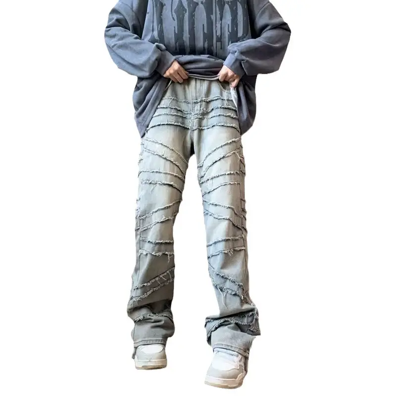 American high street retro line split design feeling slightly pull straight pants hiphop men and women heavy industry Denim trousers