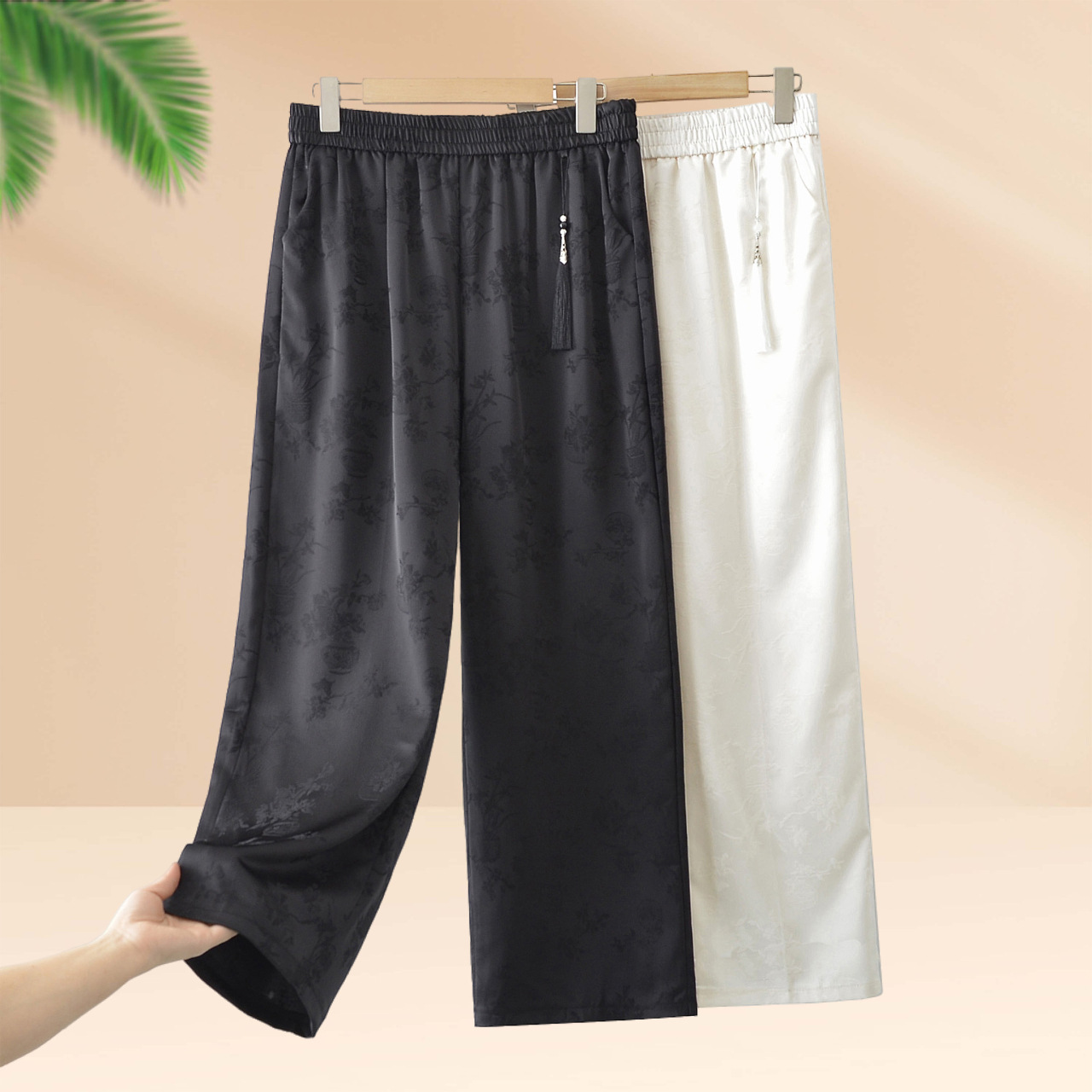 Entity wholesale all-match mother pants new Chinese jacquard satin straight pants middle-aged and elderly women's pants drape wide leg pants women