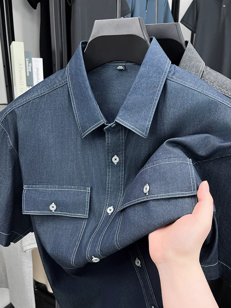 High-End Korean Style Summer Short-Sleeved Shirt for Men, Loose Business Casual Trendy Denim Retro Comfortable Versatile Top