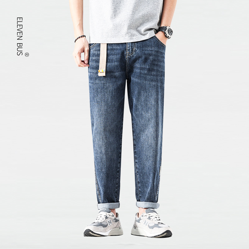 Men's Straight-Leg Jeans, Loose Elastic Cropped Pants, Summer Mid-Waist Pants, In-Stock British Style Men's Pants