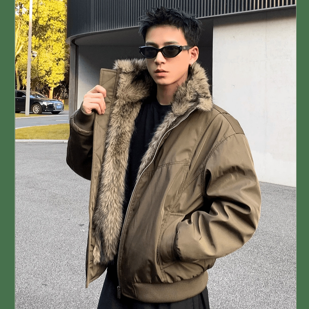 American Style Vintage High Street Mountain Carved Wool Collar Cotton-padded Jacket Men's Thickened Bomber Jacket fleece-lined Warm Jacket Cotton-padded Jacket