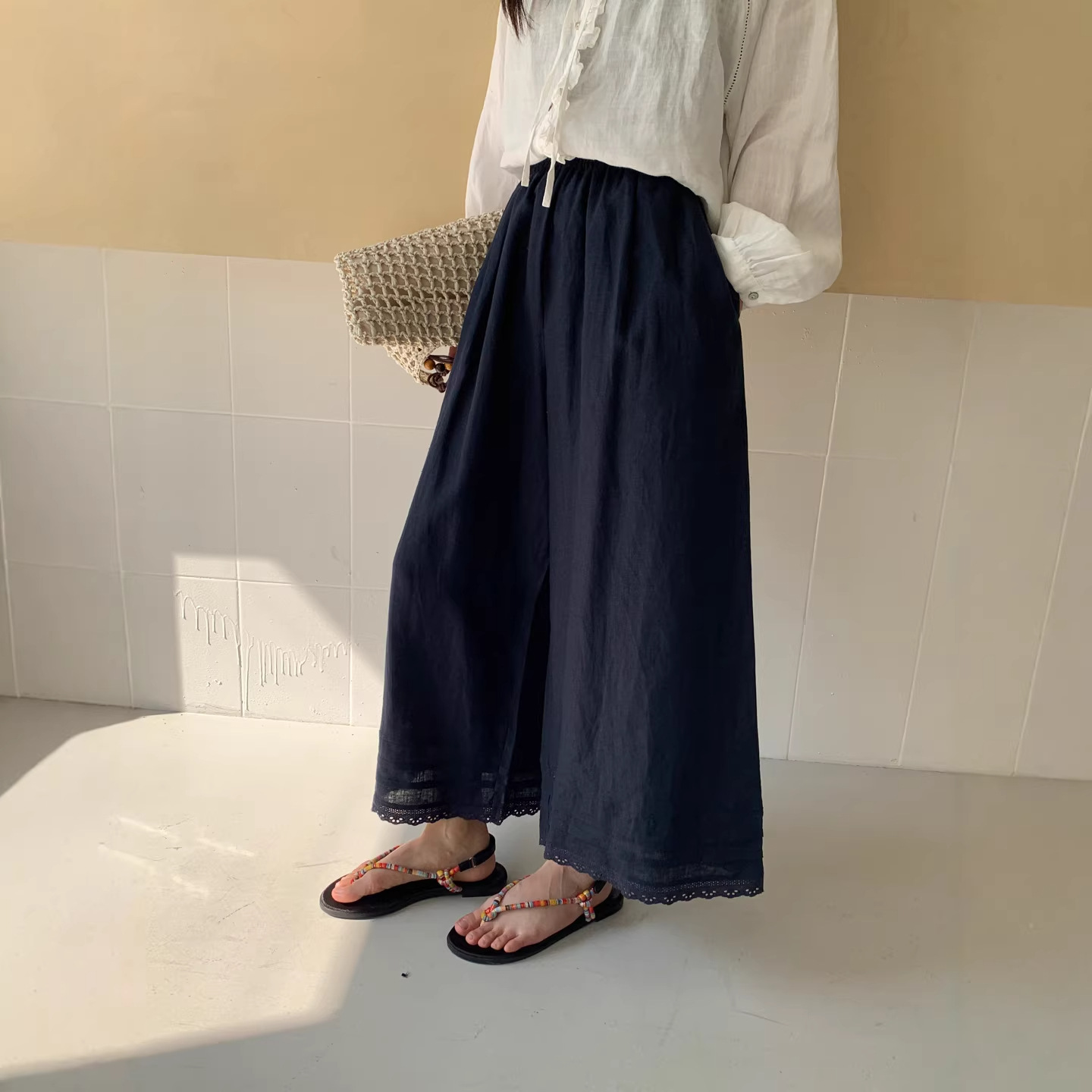 Lace-Trimmed Cropped Pants, Loose Fit, Slimming High-Waisted Straight-Leg Casual Pants, Versatile Wide-Leg Pants