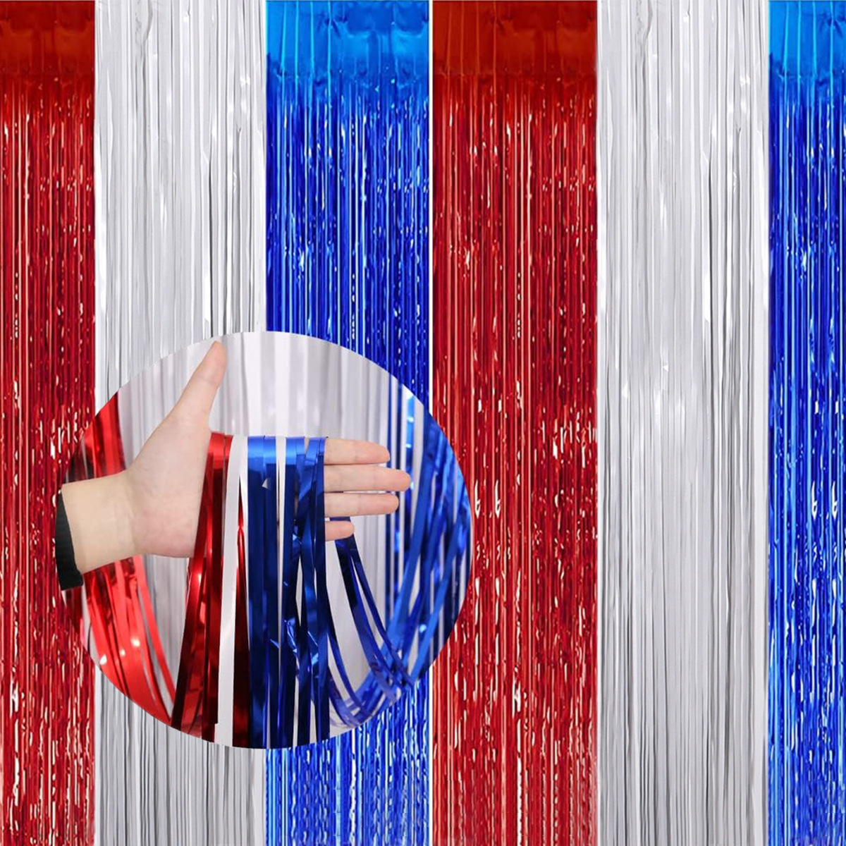 2025 cross-border US Independence Day party background wall decoration red blue white tassel rain silk curtain wholesale custom