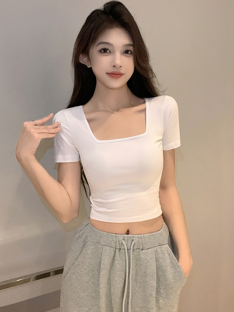 25 New Pure Cotton Exposed Collarbone T-Shirt for Women New Sexy Slim Fit Navel-Baring Short-Sleeved Niche Chic Bottoming Top