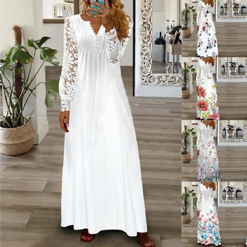 Cross-Border European and American Clothing Amazon 2025 Summer Women's New Skirt Fashion Printed Lace Long-Sleeved Dress