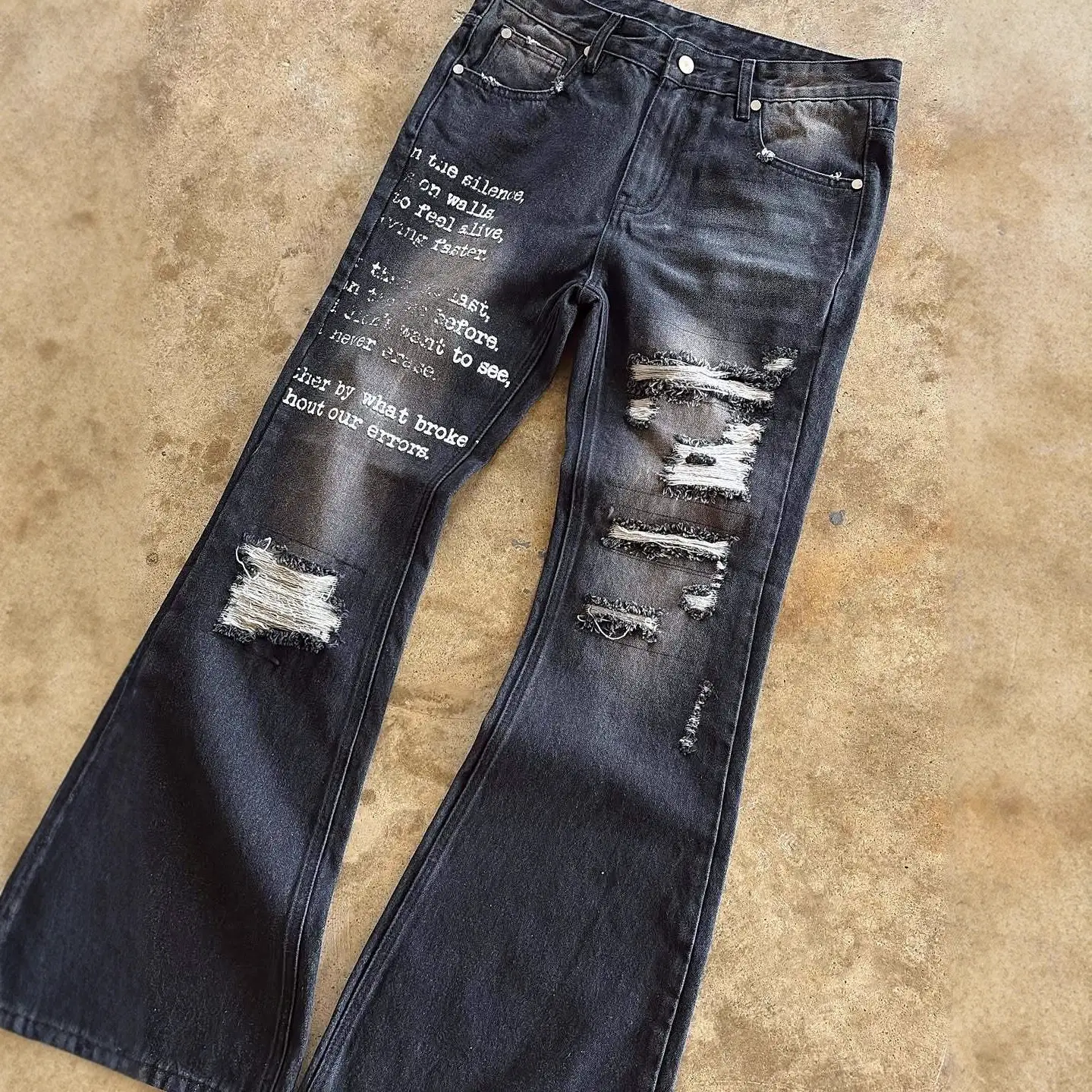 European and American Cross-Border American High Street Fashion Trend Ripped and Frayed Jeans Personalized Versatile Casual Printed Wide-Leg Pants