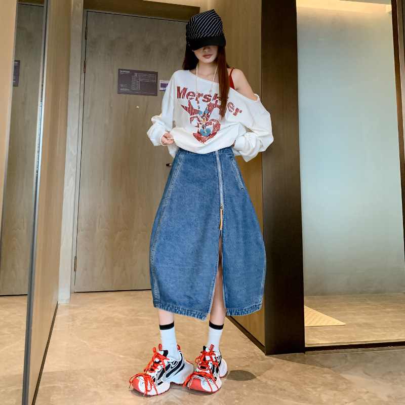 Designed Zipper Denim Skirt for Women, 2026 Spring and Summer New Style, Loose High-Waisted A-Line Mid-Length Floral Skirt