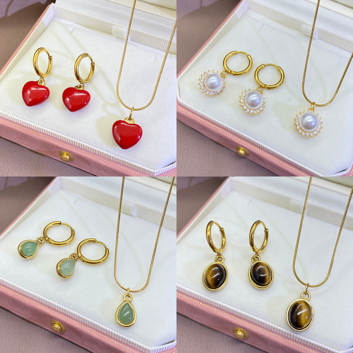 Titanium Steel Gold Geometric Necklace Women's European and American Fashion Tiger Eye Clavicle Chain Red Love New Year Pearl Woolen Chain